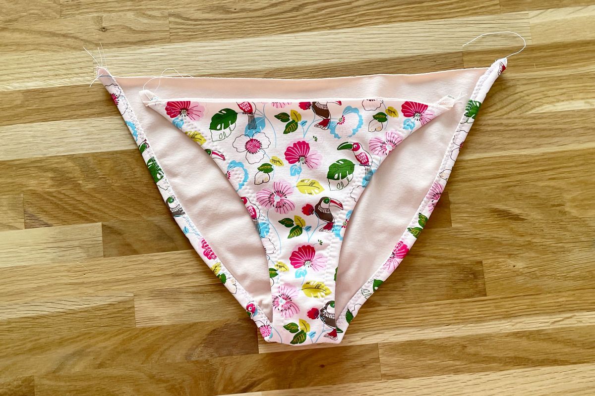 Elastic on bikini panties folded and sewn